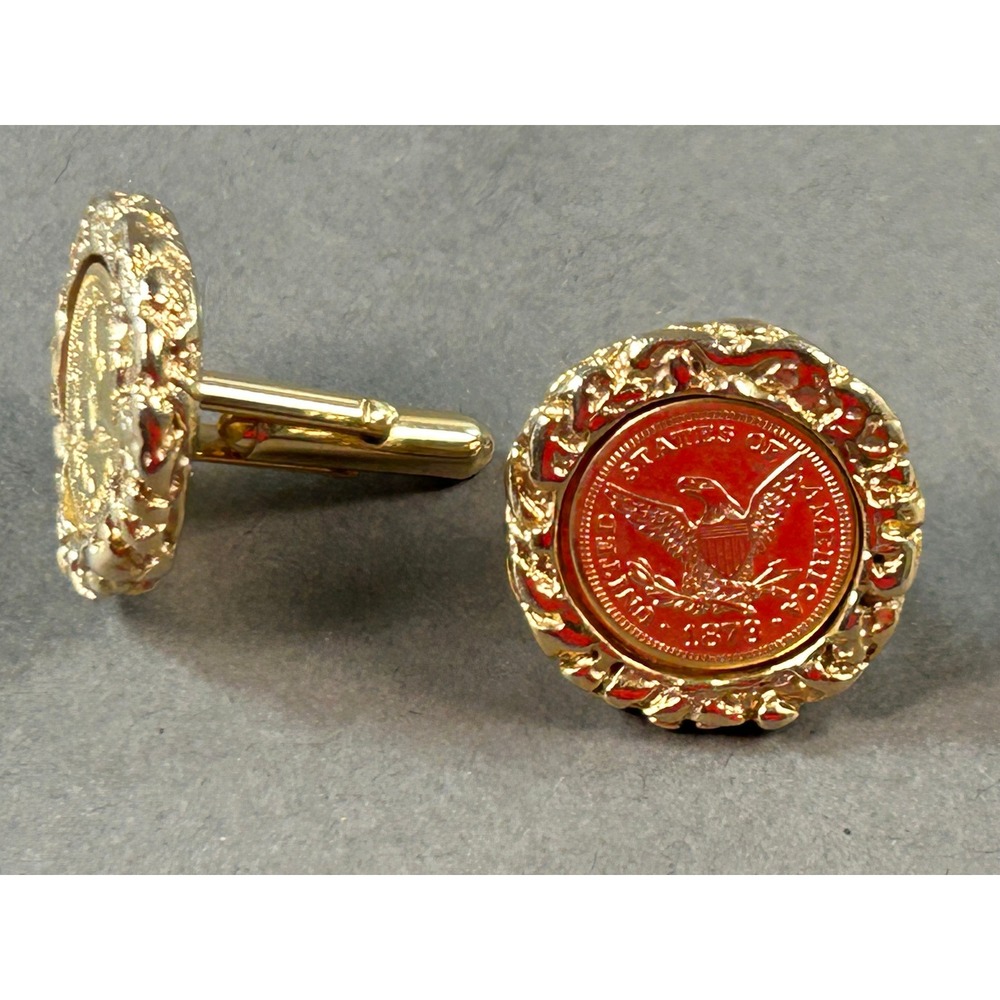 Vintage US Eagle Coin Cufflinks Replica1878 Motif Gold Tone Round Patriotic